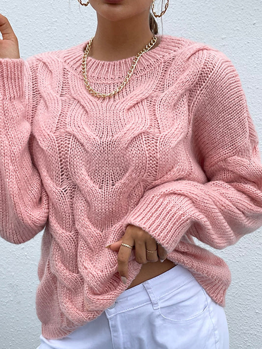 Shiny Cable-Knit Round Neck Long Sleeve Sweater