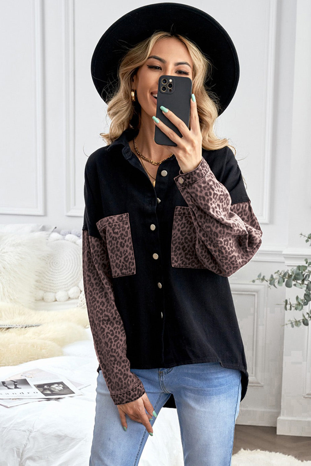 Double Take Leopard Contrast Denim Top