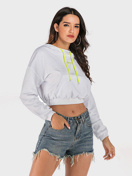 Perfee Drawstring Letter Long Sleeve Hoodie