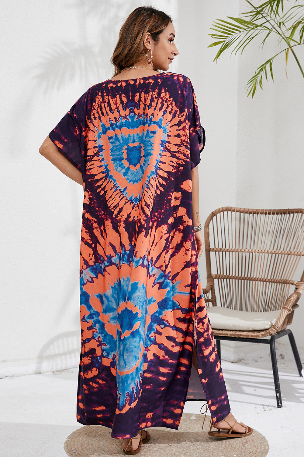 Slit Printed V-Neck Short Sleeve Cover Up