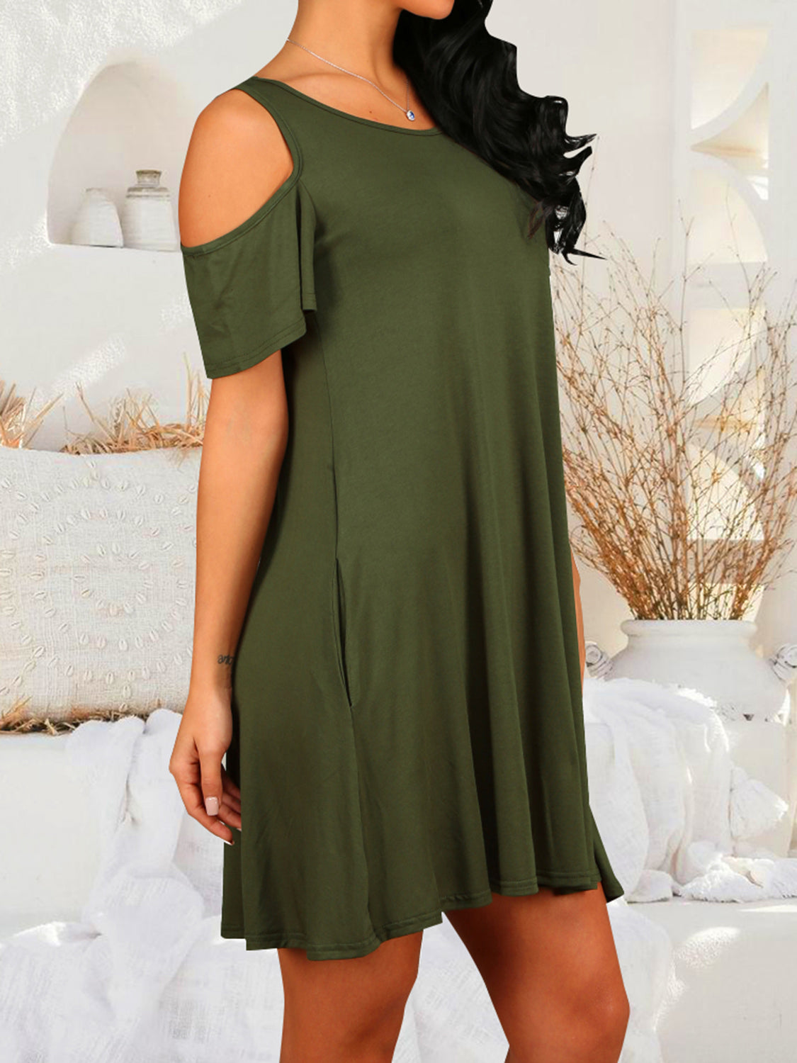 Round Neck Cold Shoulder Short Sleeve Dress