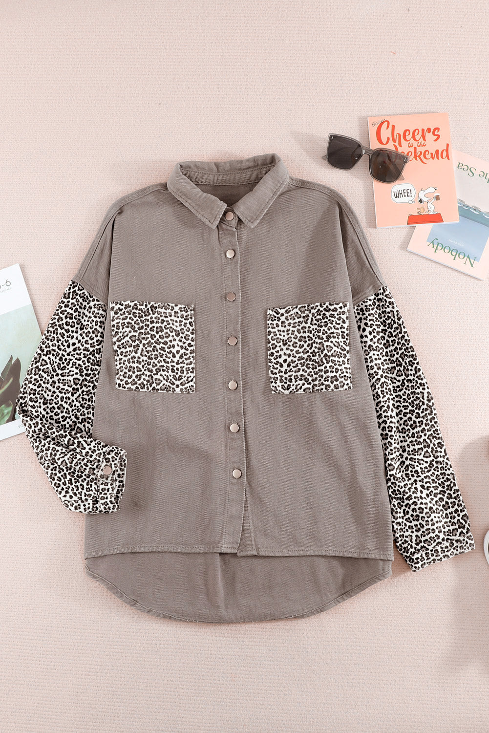 Double Take Leopard Contrast Denim Top