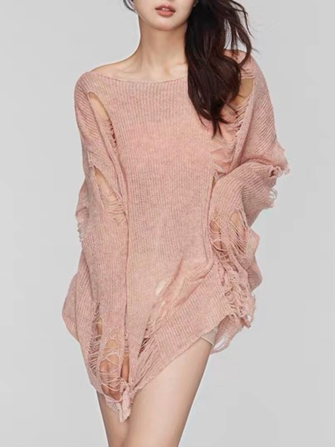 Distressed Boat Neck Knit Cover Up