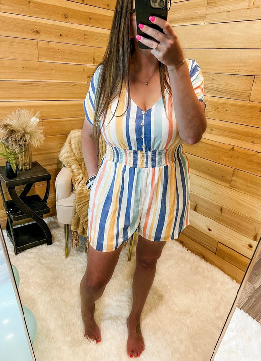 Multicolored Stripe V-Neck Smocked Waist Romper