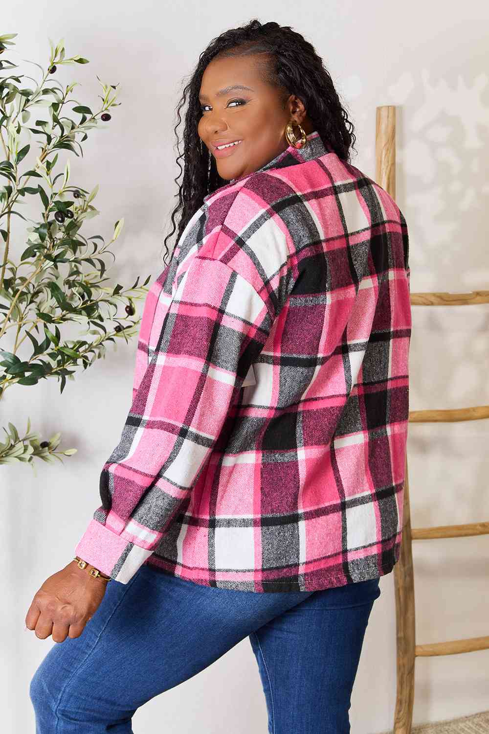 Double Take Plaid Button Up Collared Neck Jacket