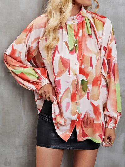 Printed Mock Neck Balloon Sleeve Shirt