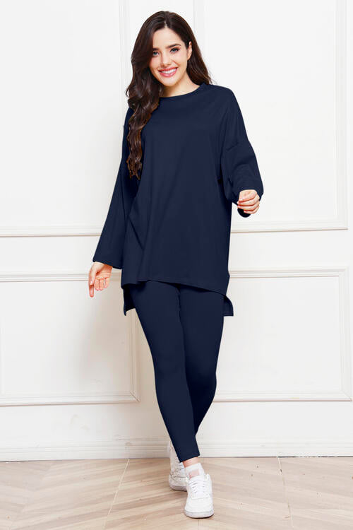 Round Neck High-Low Top and Leggings Set