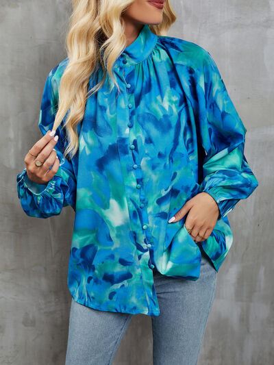 Printed Mock Neck Balloon Sleeve Shirt