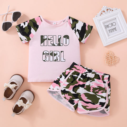 HELLO GIRL Graphic Tee and Camouflage Shorts Set