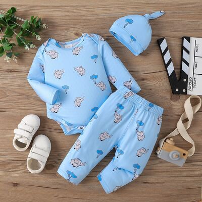 Elephant Print Long Sleeve Bodysuit and Pants Set