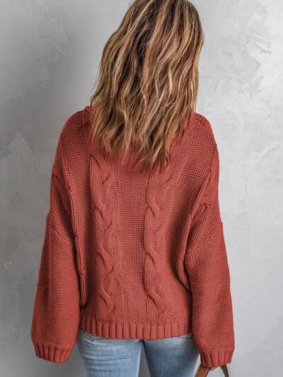 Cable-Knit Turtleneck Dropped Shoulder Sweater