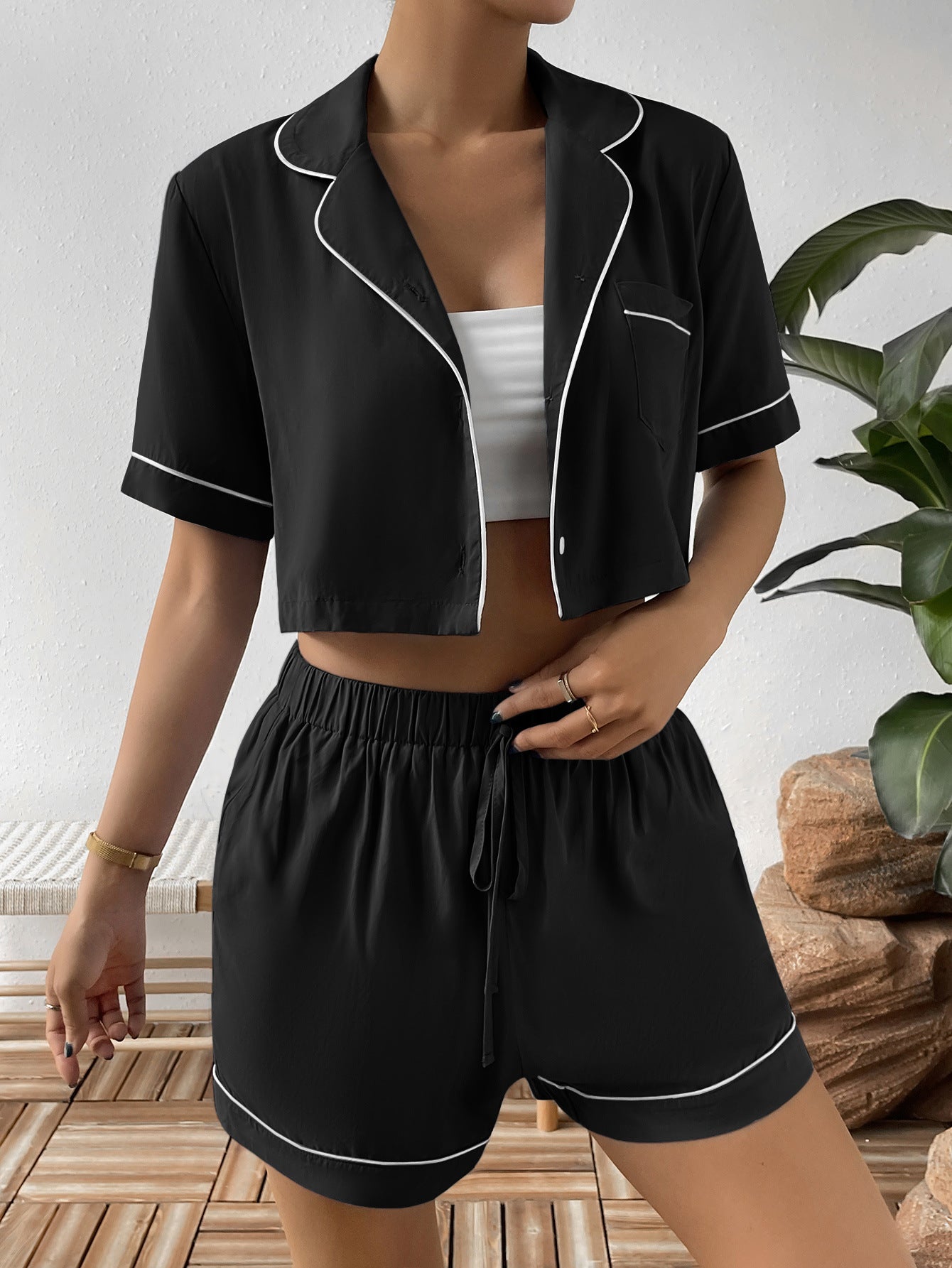 Contrast Lapel Collar Cropped Shirt and Shorts Lounge Set