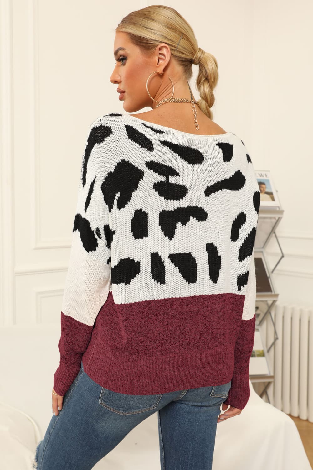 Full Size Two-Tone Boat Neck Sweater