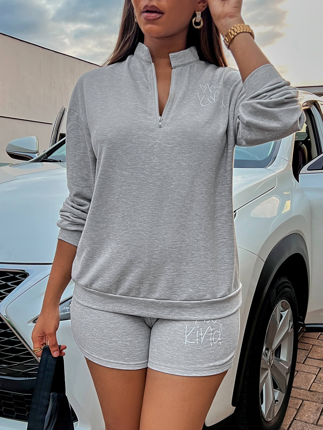 BE KIND Graphic Notched Sweatshirt and Shorts Set