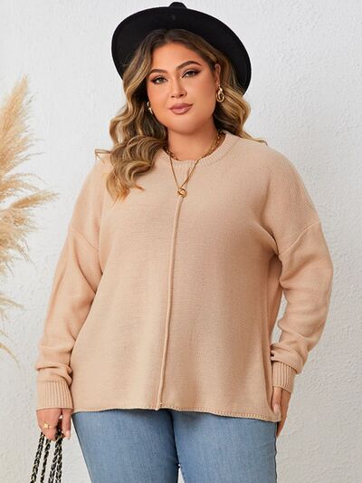 Plus Size Round Neck Drop Shoulder Long Sleeve Sweater