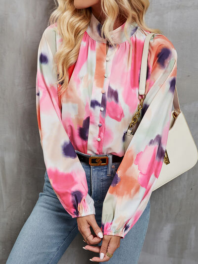 Printed Mock Neck Balloon Sleeve Shirt