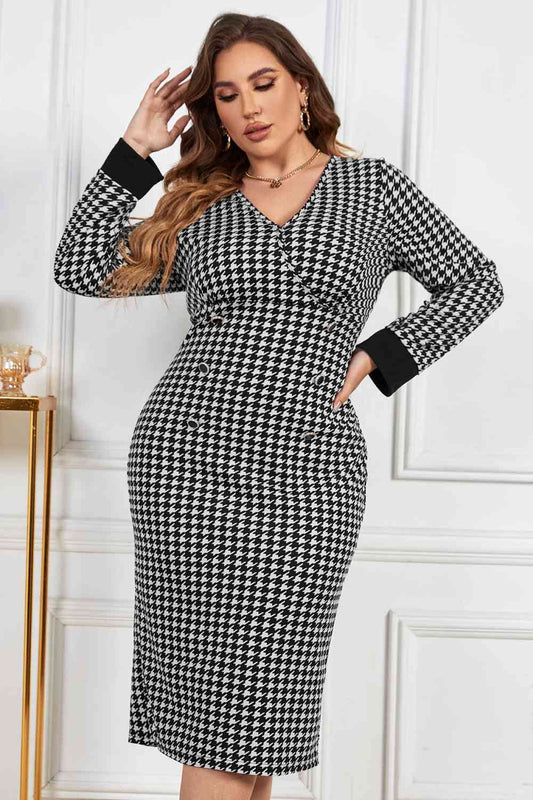 Melo Apparel Plus Size Houndstooth V-Neck Midi Dress