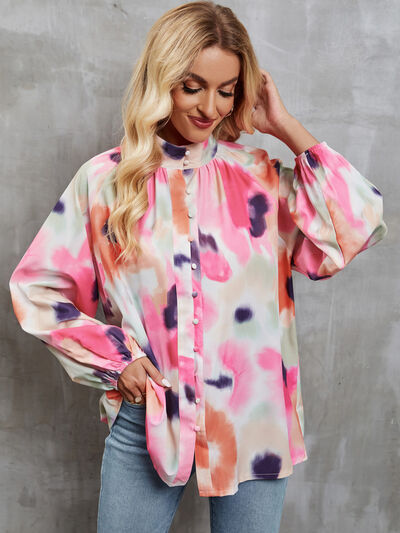 Printed Mock Neck Balloon Sleeve Shirt