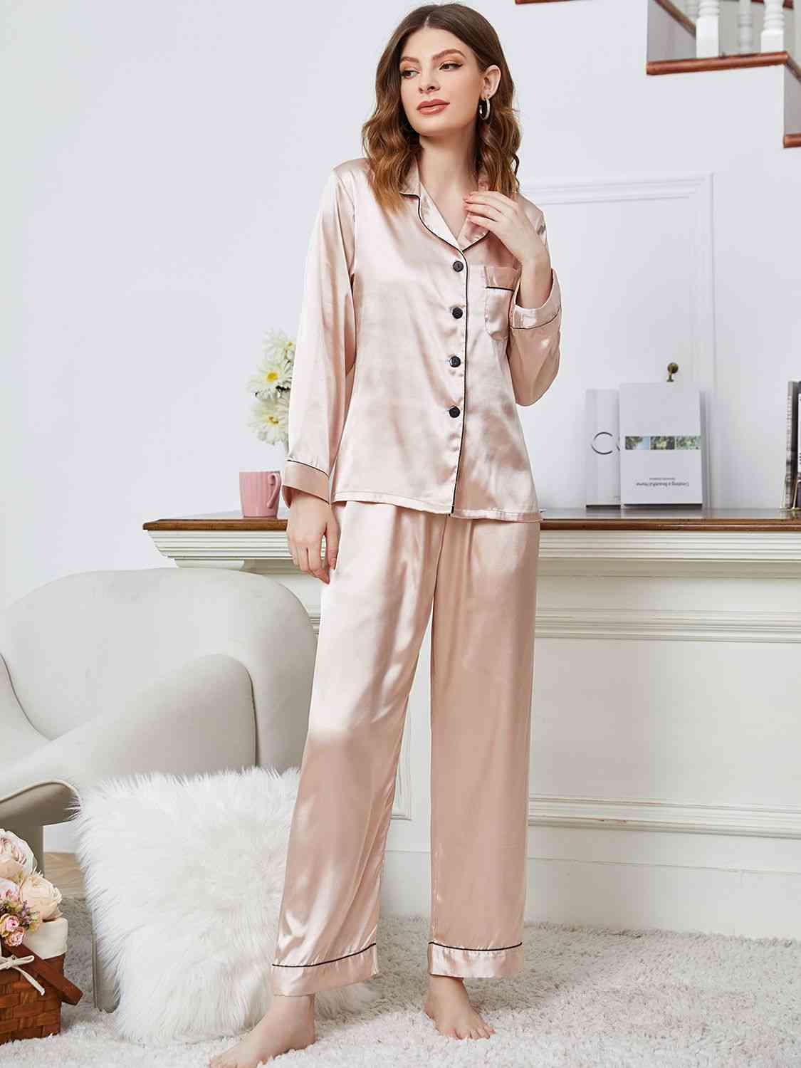 Lapel Collar Long Sleeve Top and Pants Pajama Set