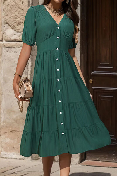 V-Neck Button Up Balloon Sleeve Midi Dress